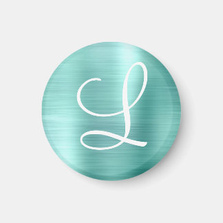 Chic Aqua Brushed Metall White Monogram Magnet