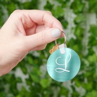 Chic Aqua Brushed Metall White Monogram Nyckelring