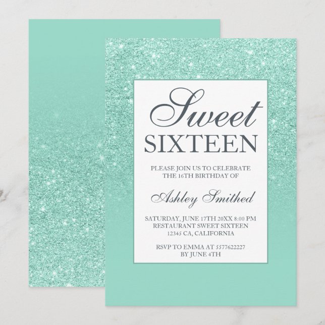 Chic aqua glitter elegant chic Sweet 16 Inbjudningar (Fram/baksida)