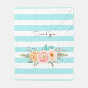 Chic Aqua görar randig kvinnlig blommigt och namn Fleecefilt