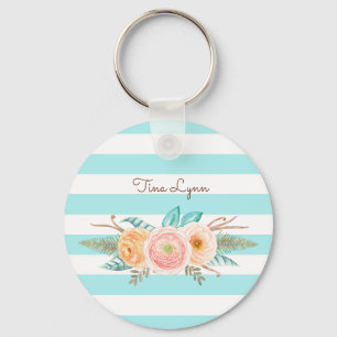Chic Aqua görar randig kvinnlig blommigt och namn Nyckelring