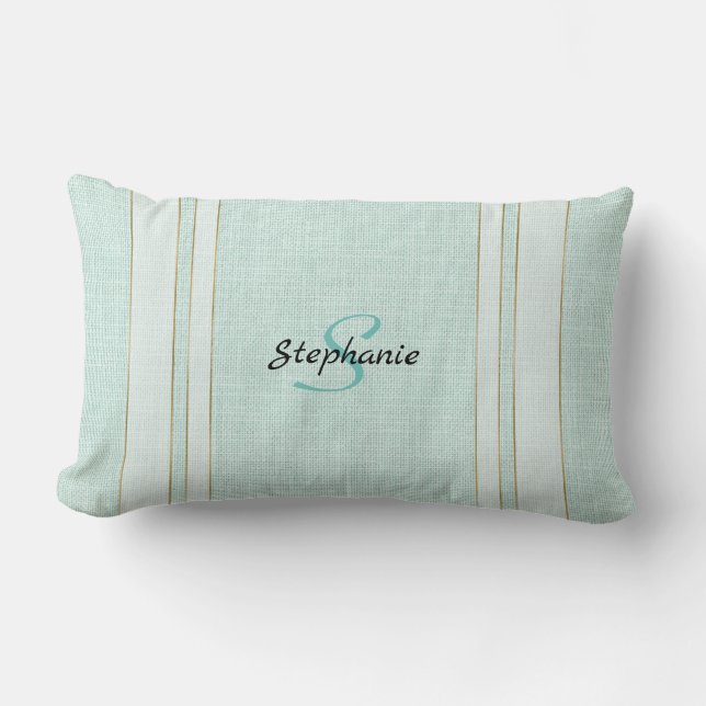 Chic Aqua Linen Titta med Monogram Lumbarkudde (Framsida)