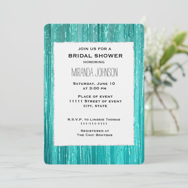 Chic Aqua Mint Tinsel Stripes Bridal Shower Inbjudningar (Stående Fram)