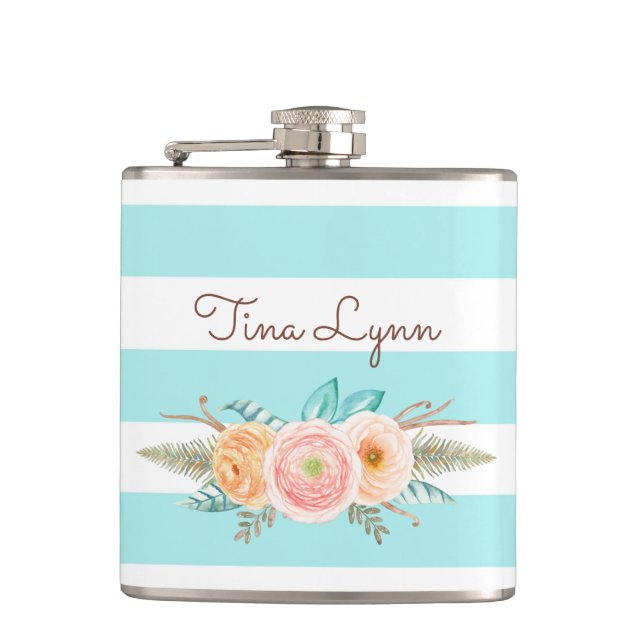 Chic Aqua Rand Feminine Blommigt och Namn Fickplunta (Framsidan)