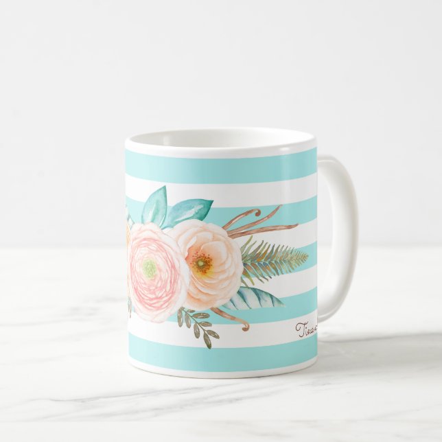 Chic Aqua Rand Feminine Blommigt och Namn Kaffemugg (Framsida höger)