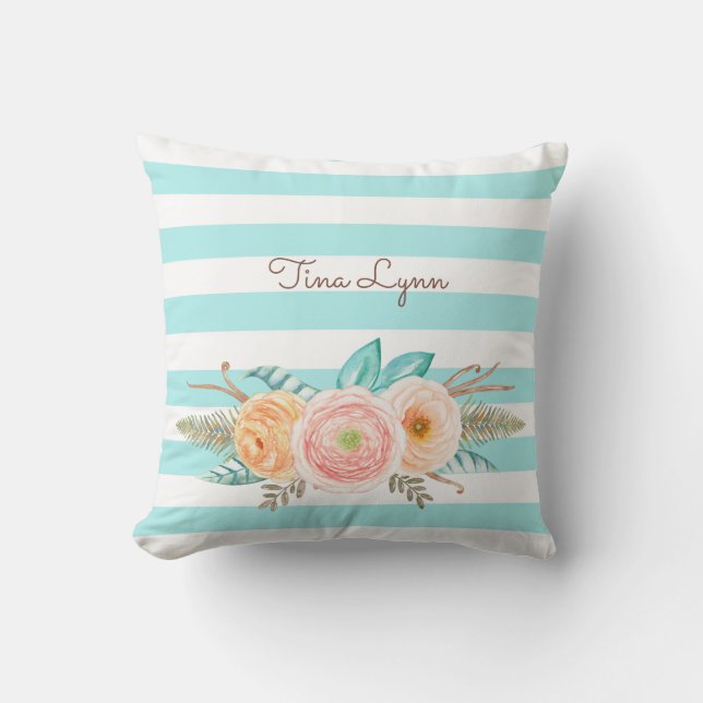 Chic Aqua Rand Feminine Blommigt och Namn Kudde (Framsida)