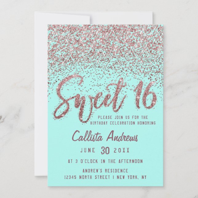 Chic Aqua Ro Guld Scattered Glitter Sweet 16 Inbjudningar (Framsida)