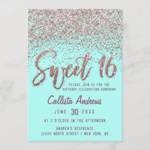 Chic Aqua Ro Guld Scattered Glitter Sweet 16 Inbjudningar