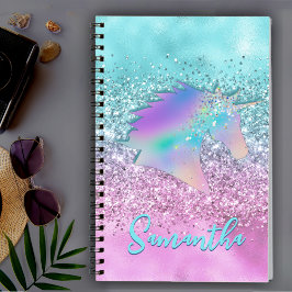 Chic Aqua Rosa Enhörning Glitter glamour monogram Anteckningsbok