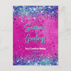 Chic aqua rosa glitter jul nytt år vykort