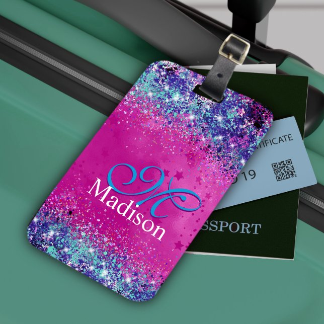 Chic aqua rosa iridescent glitter monogram bagagebricka (Skapare uppladdad)