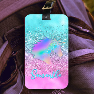 Chic Aqua Rosa Unicorn Glitter glam monogram Bagagebricka