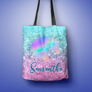 Chic Aqua Rosa Unicorn Glitter glam monogram Tygkasse
