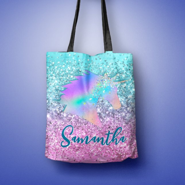Chic Aqua Rosa Unicorn Glitter glam monogram Tygkasse (Skapare uppladdad)