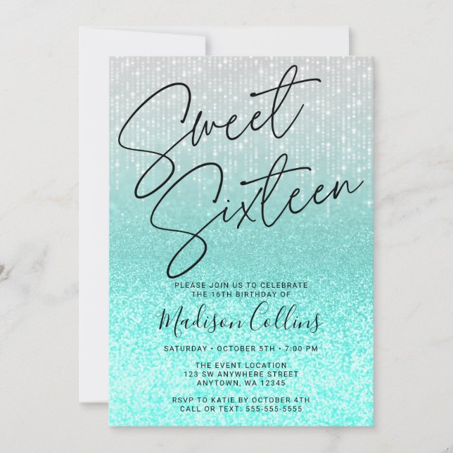 Chic Aqua Silver Glitter Sweet 16 Inbjudningar (Framsida)