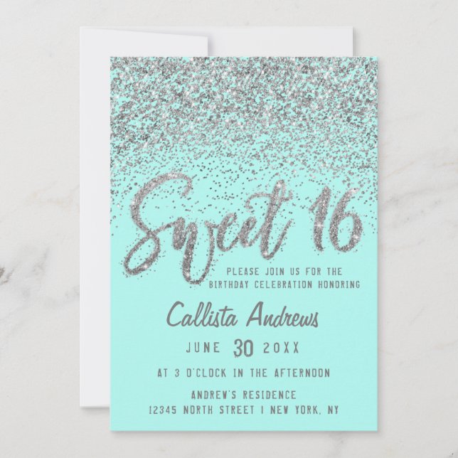 Chic Aqua Teal Silver Scattered Glitter Sweet 16 Inbjudningar (Framsida)