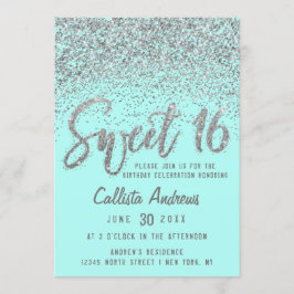 Chic Aqua Teal Silver Scattered Glitter Sweet 16 Inbjudningar