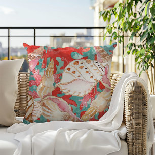Chic Aqua Turcos Coral Red Seashells Mönster Kudde