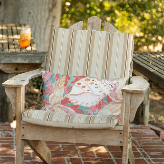 Chic Aqua Turcos Coral Red Seashells Mönster Lumbarkudde (Stol)