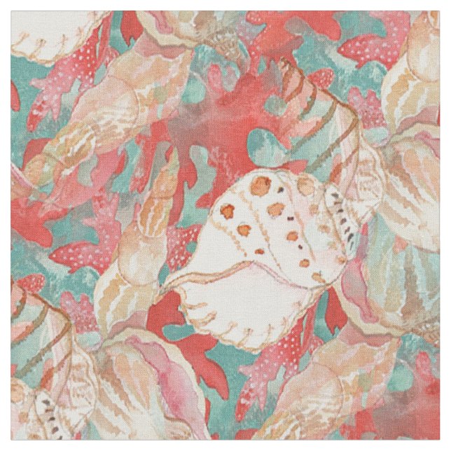 Chic Aqua Turcos Coral Red Seashells Mönster Tyg (Närbild)
