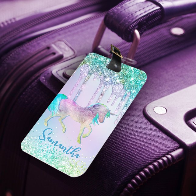 Chic aqua Unicorn Glitter Drives monogram Bagagebricka (Skapare uppladdad)