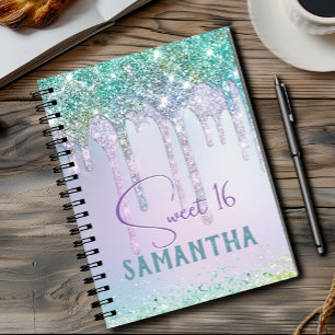 Chic aqua Unicorn Glitter-födelsedagspressmonogram Anteckningsbok