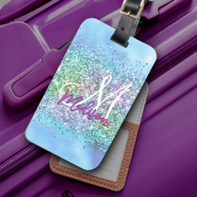 Chic aqua Unicorn Glitter sparkles monogram Bagagebricka (Skapare uppladdad)