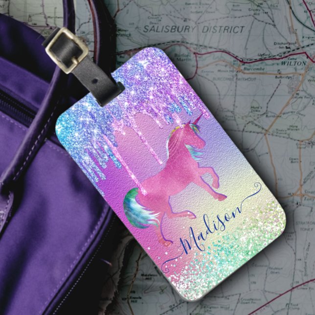 Chic aqua Unicorn rainbow Drives monogram Bagagebricka (Skapare uppladdad)