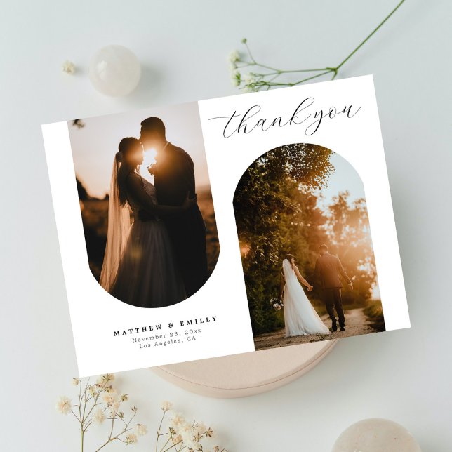 Chic Arch Photo Collage Minimal Bröllop Tack Vykort (Skapare uppladdad)