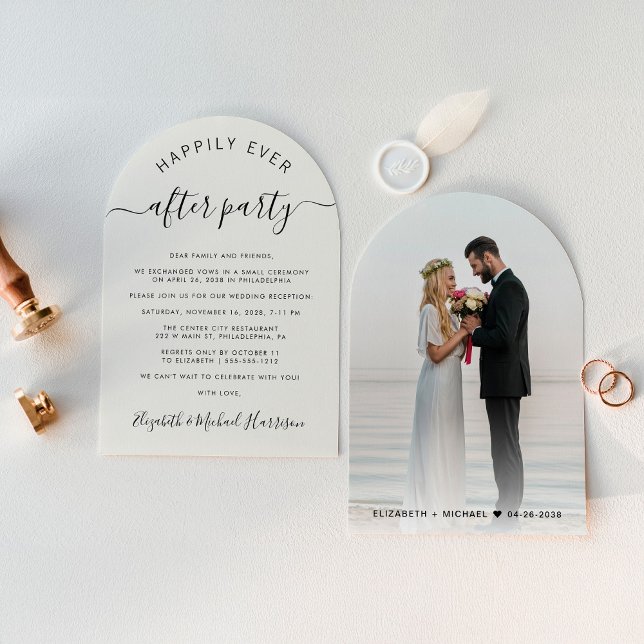 Chic Arch Photo Cream Wedding Reception Inbjudningar (Celebrate your love story with an invitation showcasing your favorite photo in an elegant arch frame)