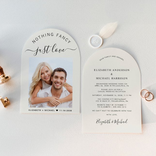 Chic Arch Photo Cream Wedding Reception Inbjudningar (Celebrate your love story with a chic arch-shaped elopement announcement and reception invitation)