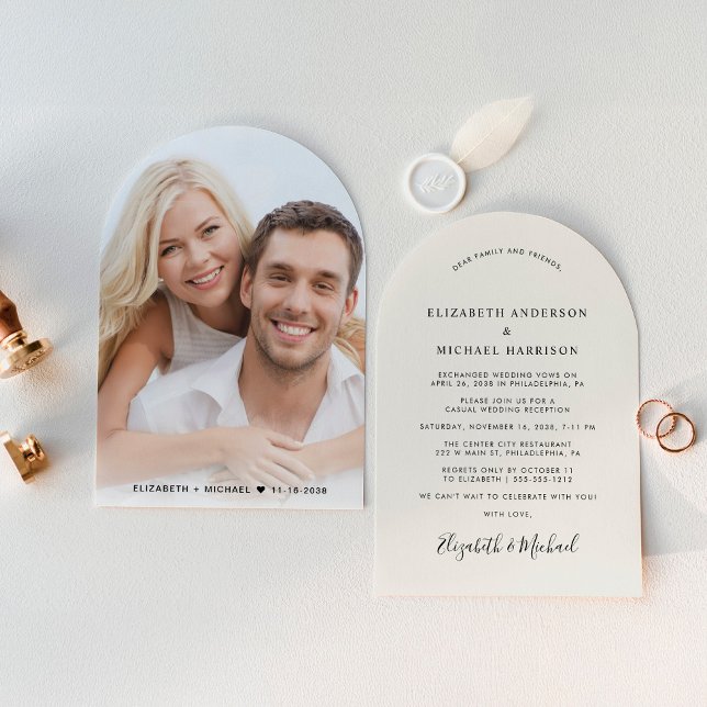 Chic Arch Photo Cream Wedding Reception Inbjudningar (Celebrate your love story with a chic arch-shaped elopement announcement and reception invitation)