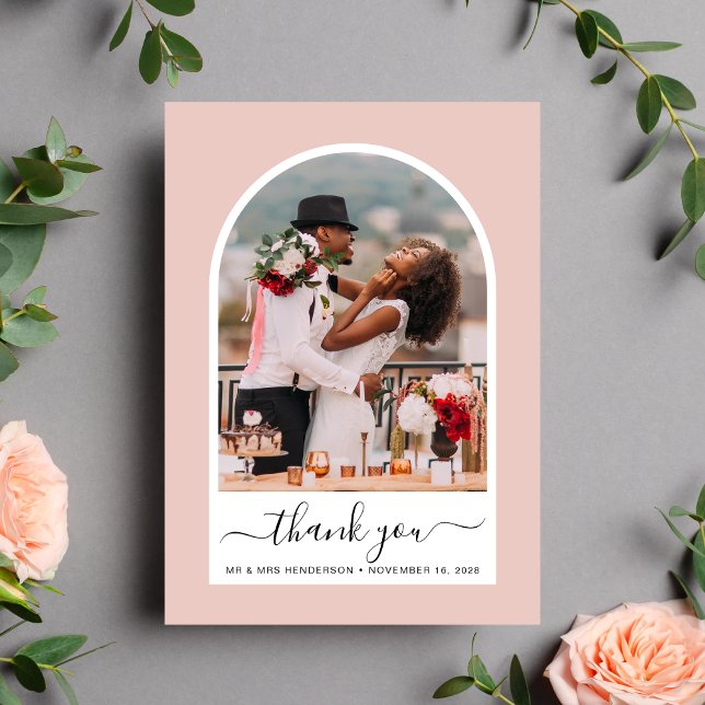 Chic Arch Photo  Rosa Bröllop Tack Kort (Celebrate your love story with a thank you card showcasing your photo in an elegant arch frame)