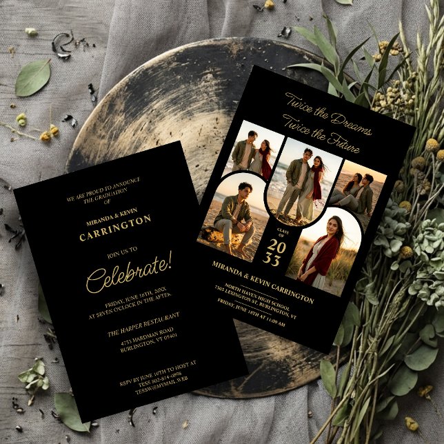 Chic Arched Collage Double Grads Twins TMF26 Inbjudningar (Stylish Double Graduation Invitation with Five Arched Photo Placeholders and Luxury Gold Effect.)