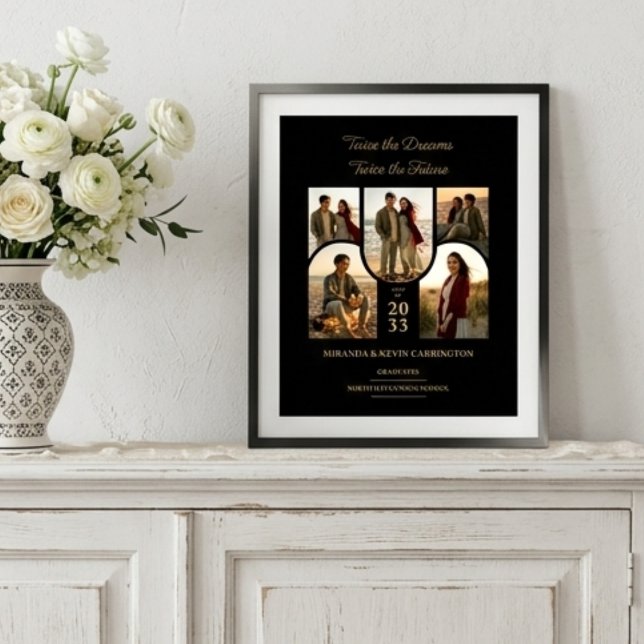 Chic Arched Collage Double Grads Twins TMF26 Poster (Stylish Double Graduation Poster with Five Arched Photo Placeholders and Luxury Gold Effect Accents.)
