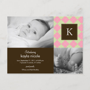 Chic Argyle Flicka Birth Notice Meddelande Vykort