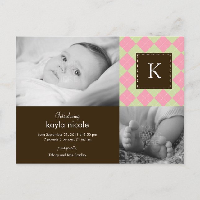 Chic Argyle Flicka Birth Notice Meddelande Vykort (Framsida)
