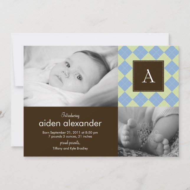 Chic Argyle Pojke Birth Notice Meddelande (Framsida)