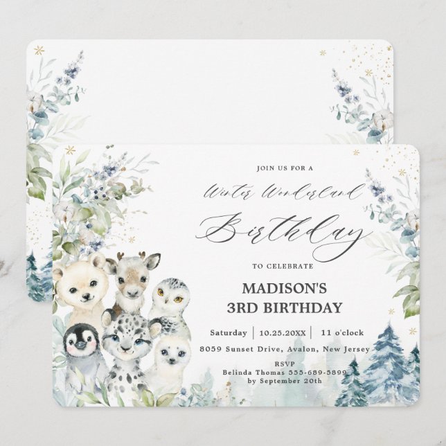 Chic Arktiska djur Vinter Wonderland Birthday Inbjudningar (Fram/baksida)