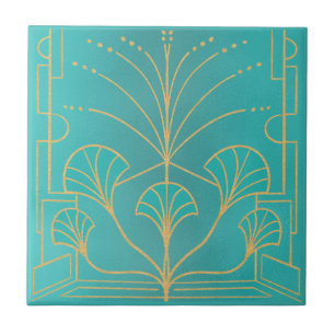 Chic Art deco aqua blue fontän med handflatan Kakelplatta