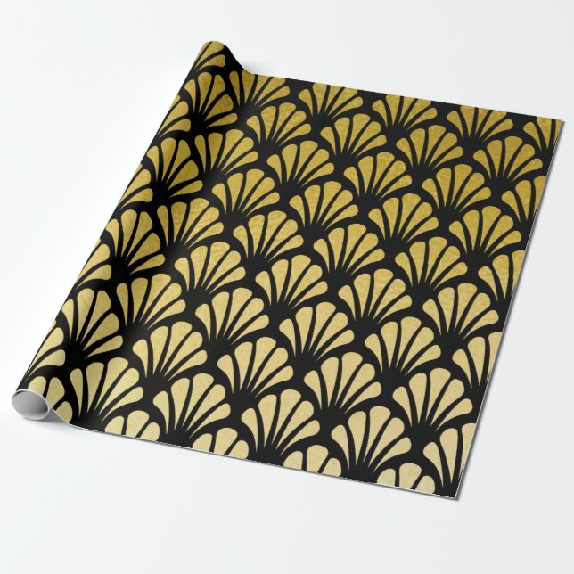 Chic Art Deco Fläkt Mönster Black och Faux Gold Fo Presentpapper (Utrullad)