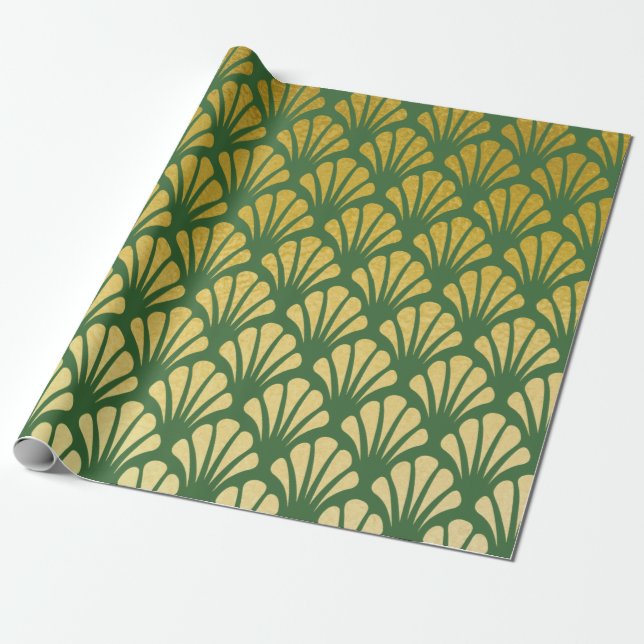 Chic Art Deco Fläkt Mönster Emerald & Faux Gold Fo Presentpapper (Utrullad)