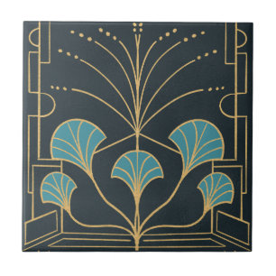 Chic Art deco fontän med teaterblått handflatan Kakelplatta