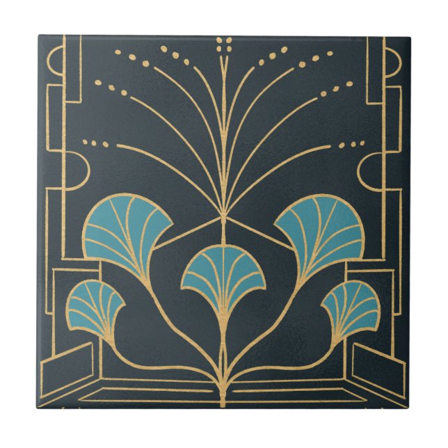Chic Art deco fontän med teaterblått handflatan Kakelplatta (Framsidan)