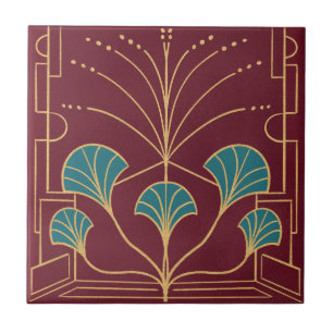 Chic Art deco körsbär röd fontän handflatan Kakelplatta