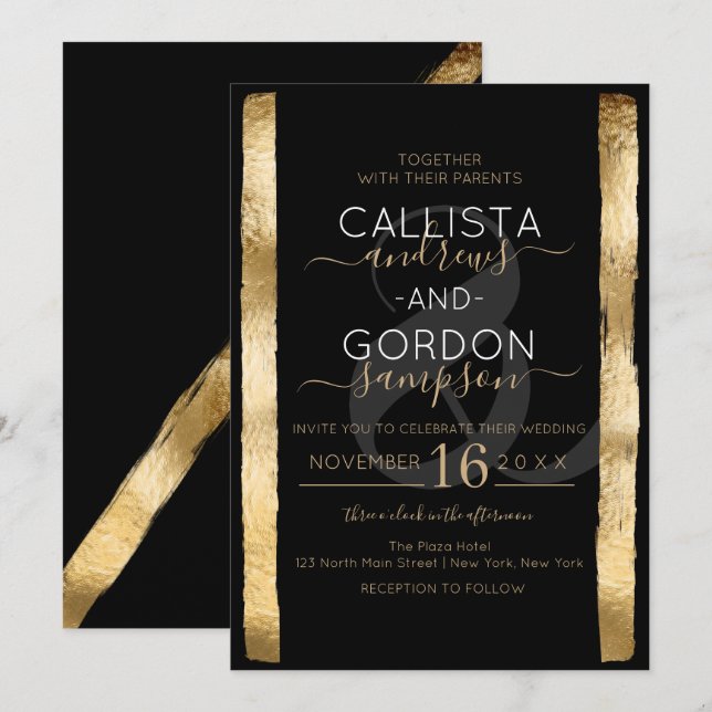 Chic Artsy Black Guld Brushstroke Ram Bröllop Inbjudningar (Fram/baksida)