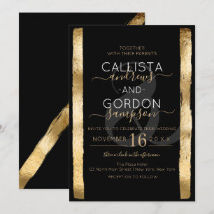 Chic Artsy Black Guld Brushstroke Ram Bröllop Inbjudningar