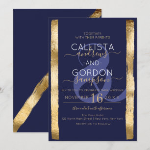 Chic Artsy Navy Guld Brushstroke Ram Bröllop Inbjudningar