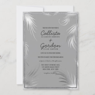 Chic Artsy Silver Grått Löv Glitter Gräns Bröllop Inbjudningar