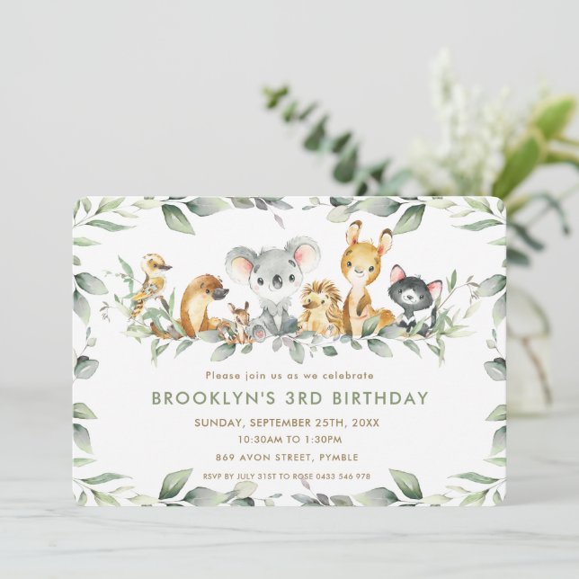 Chic Australian Animals Greenery Birthday Boy Girl Inbjudningar (Stående Fram)